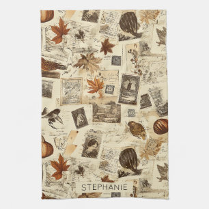 Rustic Autumn Ephemera Collage Warm Earthy Tea Towel