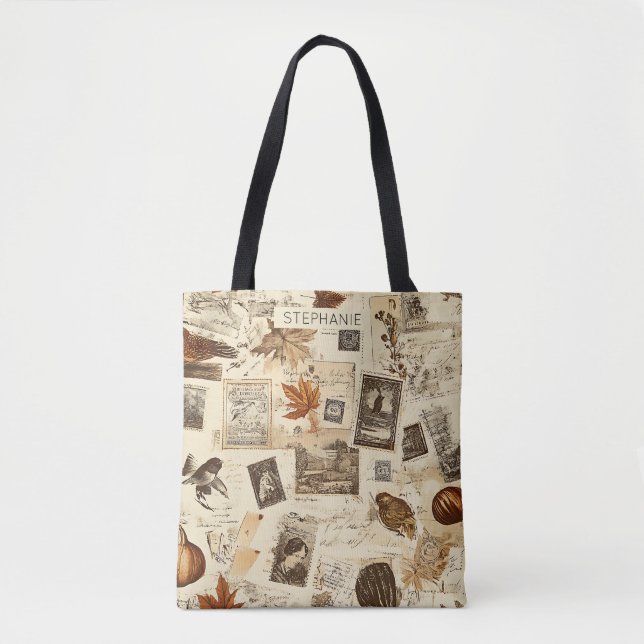 Rustic Autumn Ephemera Collage | Warm Earthy Tote Bag (Front)