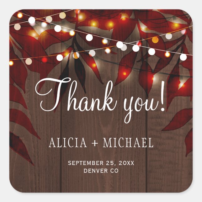 Rustic autumn fall barn wood wedding thank you square sticker (Front)
