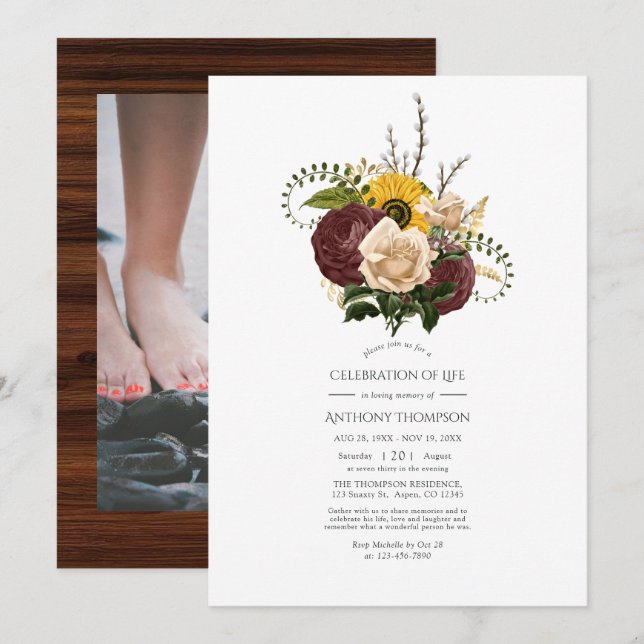Rustic Autumn - Fall Floral Celebration of Life Invitation (Front/Back)
