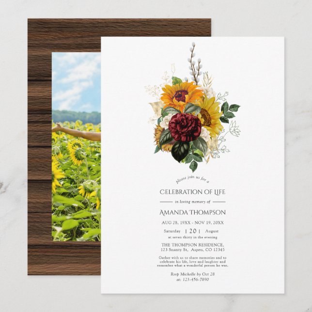 Rustic Autumn - Fall Floral Celebration of Life Invitation (Front/Back)