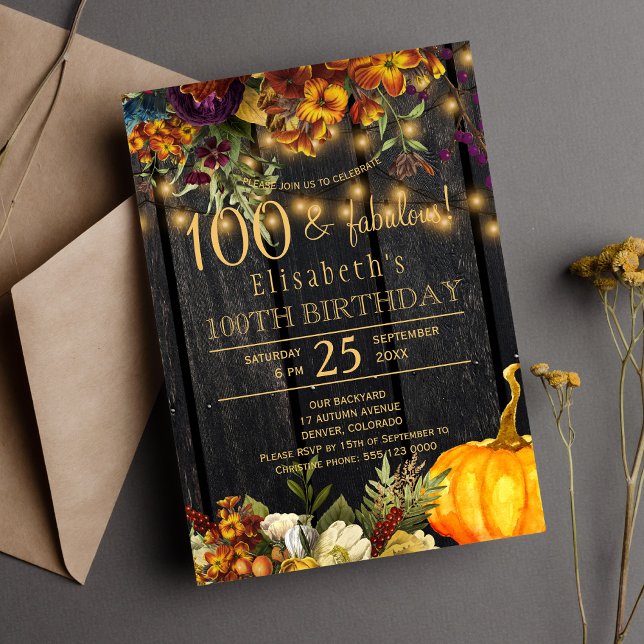 Rustic autumn fall floral chic 100 fabulous years invitation (Creator Uploaded)