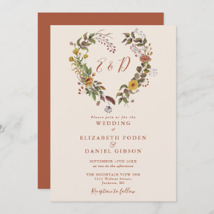 Rustic Autumn Fall Floral Heart Wedding Invitation