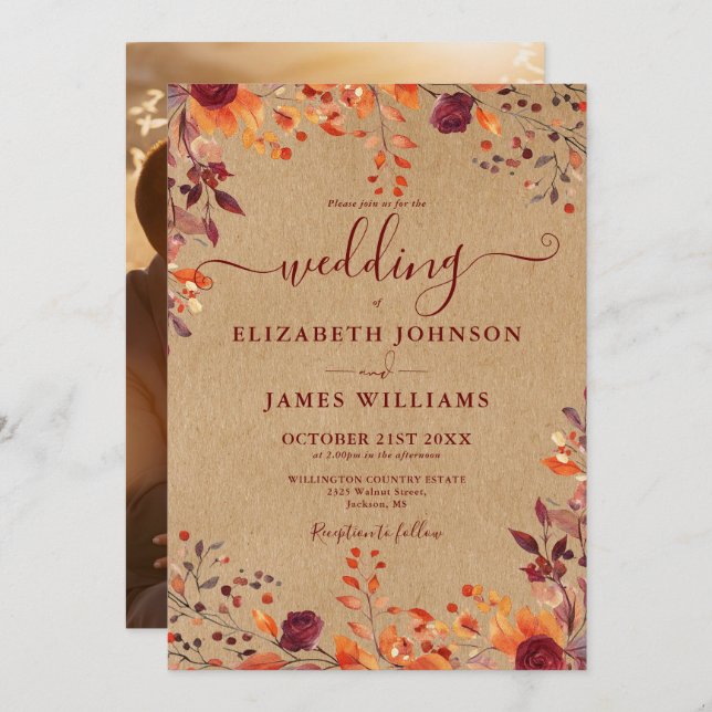 Rustic Autumn Fall Floral Leaves Photo Wedding Invitation (Front/Back)