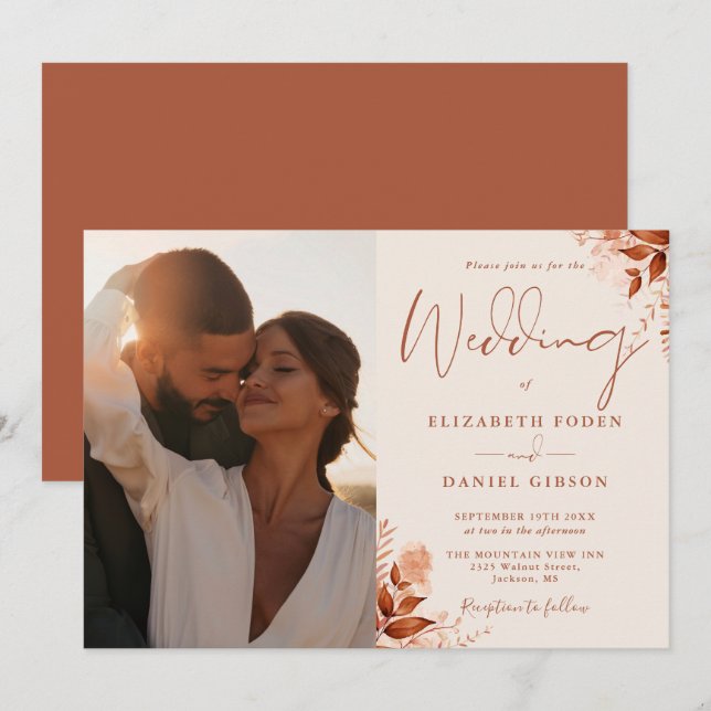 Rustic Autumn Fall Floral Photo Wedding Invitation (Front/Back)