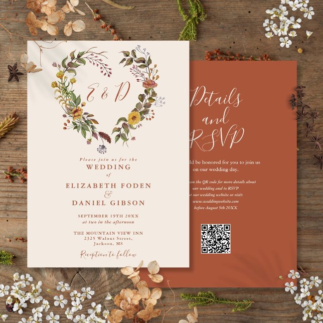 Rustic Autumn Fall Floral QR Code Wedding Invitation (Rustic Autumn Fall Floral QR Code Wedding Invitation)