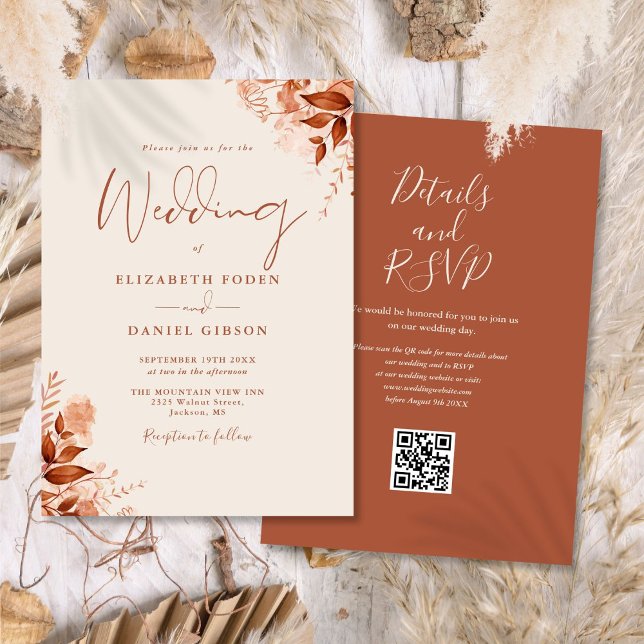 Rustic Autumn Fall Floral QR Code Wedding Invitation (Rustic Autumn Fall Floral QR Code Wedding Invitation)