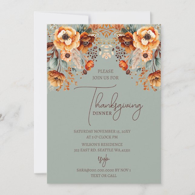 Rustic Autumn Fall Floral Thanksgiving Dinner Invitation (Front)