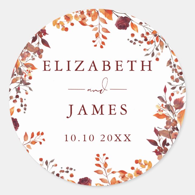 Rustic Autumn Fall Floral Wedding Classic Round Sticker (Front)