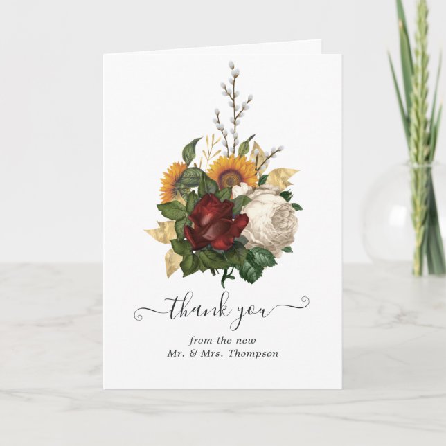 Rustic Autumn - Fall Floral Wedding Photo Thank You Card (Front)