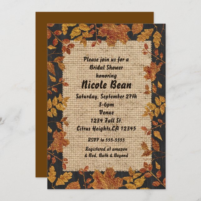Rustic Autumn Fall Golden Tone Leaves & Burlap Invitation (Front/Back)