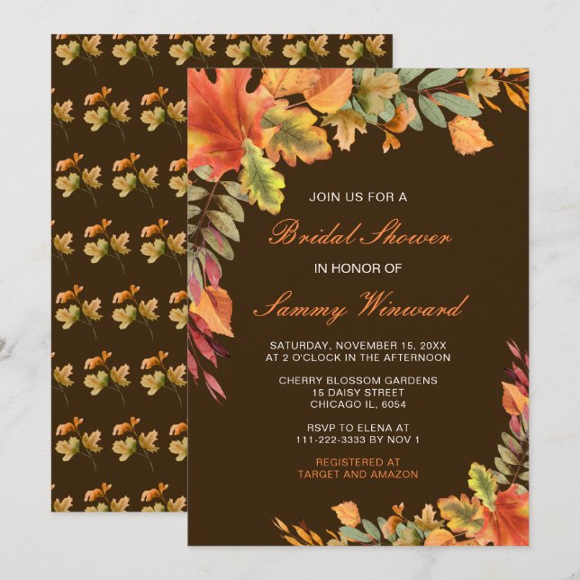 Rustic Autumn Fall Leaves Bridal Shower Invitation (Front/Back)