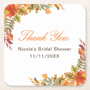 Rustic Autumn Fall Leaves Bridal Shower Square Paper Coaster