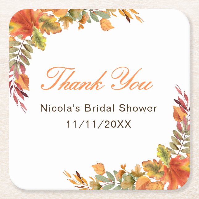 Rustic Autumn Fall Leaves Bridal Shower Square Paper Coaster (Front)