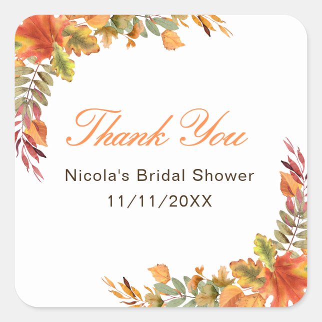 Rustic Autumn Fall Leaves Bridal Shower Square Sticker (Front)