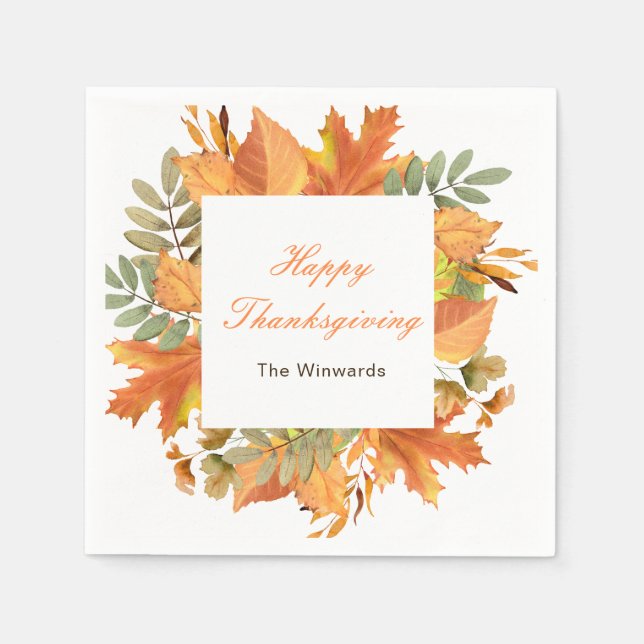 Rustic Autumn Fall Leaves Square Thanksgiving  Napkin (Front)
