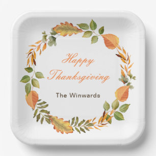 Rustic Autumn Fall Leaves Square Thanksgiving Paper Plate