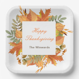 Rustic Autumn Fall Leaves Square Thanksgiving Paper Plate