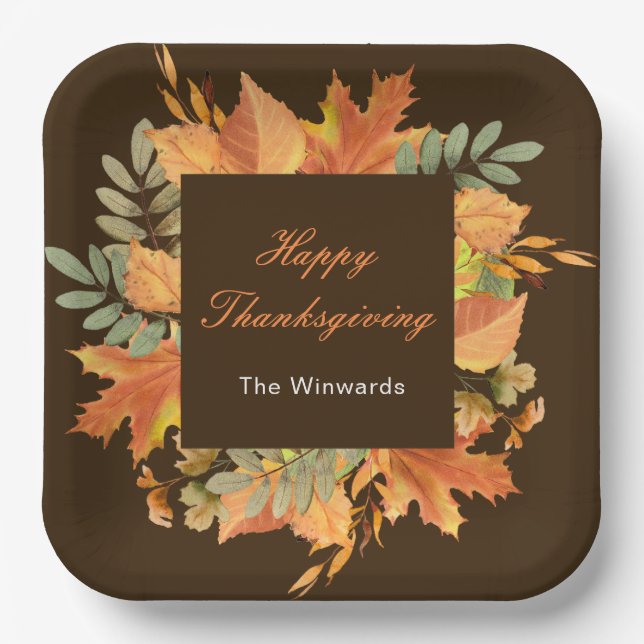 Rustic Autumn Fall Leaves Square Thanksgiving  Paper Plate (Front)