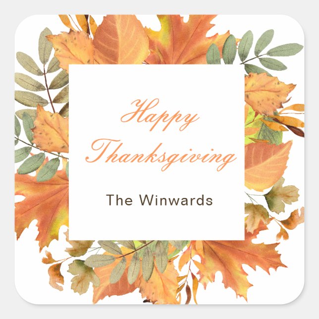 Rustic Autumn Fall Leaves Square Thanksgiving  Square Sticker (Front)