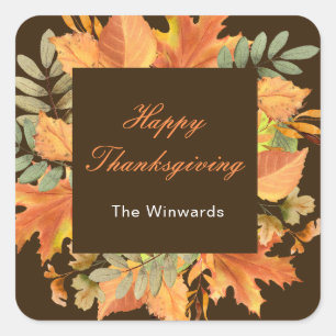 Rustic Autumn Fall Leaves Square Thanksgiving  Sticker