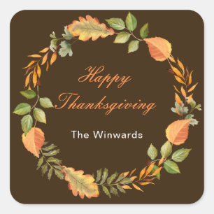 Rustic Autumn Fall Leaves Square Thanksgiving Sticker
