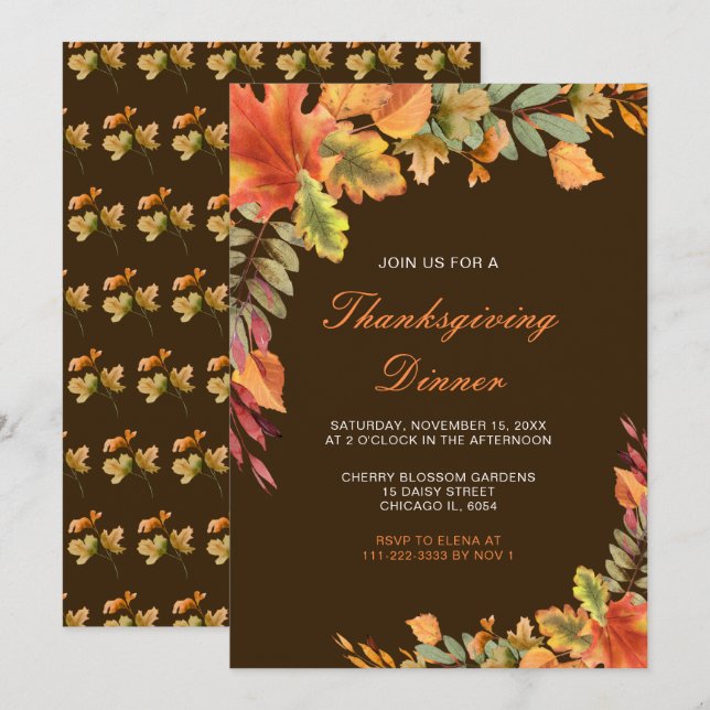 Rustic Autumn Fall Leaves Thanksgiving Party Invitation (Front/Back)