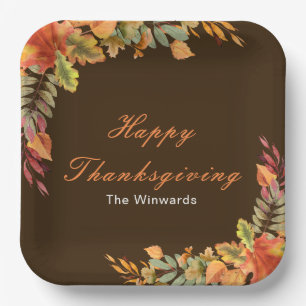 Rustic Autumn Fall Leaves Thanksgiving Party Paper Plate