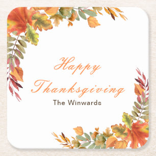Rustic Autumn Fall Leaves Thanksgiving Party Square Paper Coaster