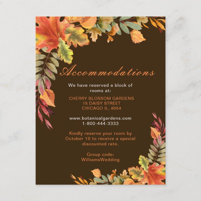 Rustic Autumn Fall Leaves Wedding Accommodations Enclosure Card (Front)