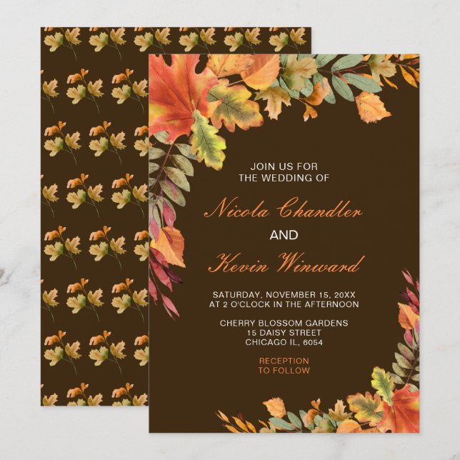 Rustic Autumn Fall Leaves Wedding Invitation (Front/Back)