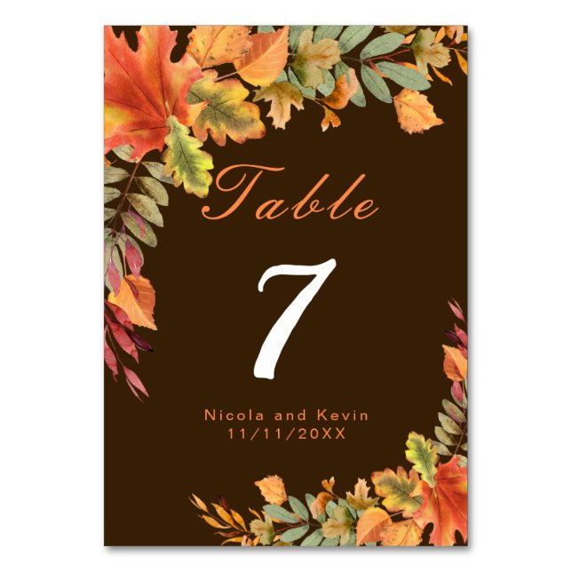 Rustic Autumn Fall Leaves Wedding Table Number (Front)