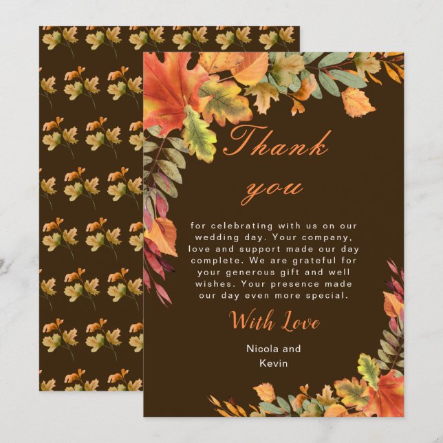 Rustic Autumn Fall Leaves Wedding Thank You Card (Front/Back)