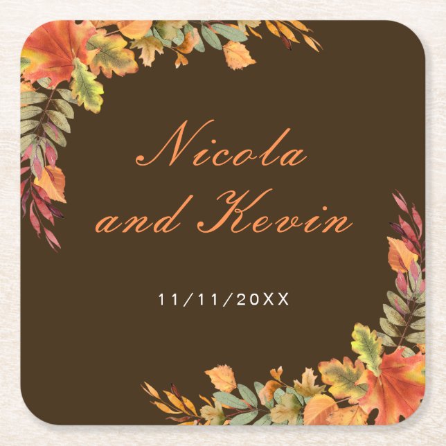 Rustic Autumn Fall Leaves Wedding Thank You Square Paper Coaster (Front)