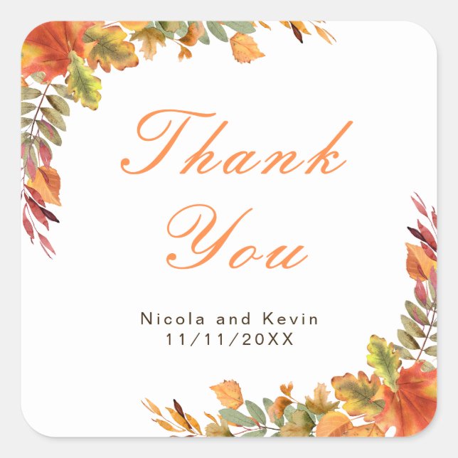 Rustic Autumn Fall Leaves Wedding Thank You Square Sticker (Front)