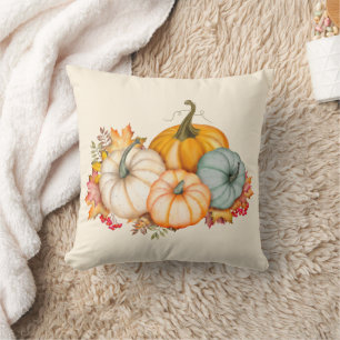 Rustic Autumn Fall Orange Blue Pumpkins Cushion
