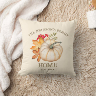 Rustic Autumn Fall Pumpkin & Leaves Family Name Cushion