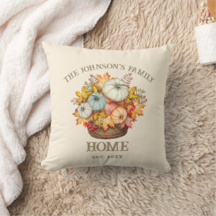 Rustic Autumn Fall Pumpkins Family Name Cushion