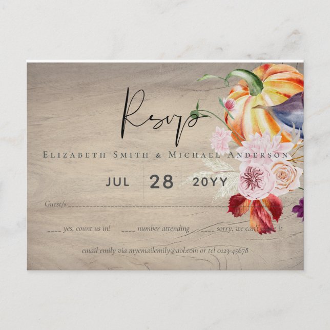 Rustic Autumn Fall Pumpkins Figs Flowers Wedding Postcard (Front)