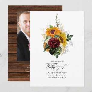 Rustic Autumn - Fall Sunflower Wedding Photo Invitation