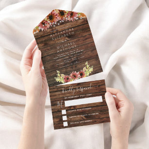 Rustic Autumn Fall Sunflowers Wedding RSVP All In One Invitation