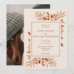 Rustic Autumn Fall Terracotta Photo Wedding Invitation