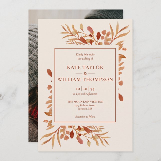 Rustic Autumn Fall Terracotta Photo Wedding Invitation (Front/Back)