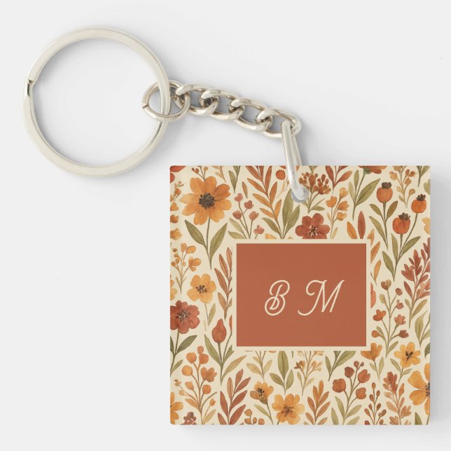 Rustic Autumn fall vibes & Floral Monogram  Key Ring (Front)