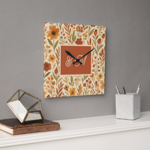 Rustic Autumn fall vibes & Floral Monogram Square Wall Clock