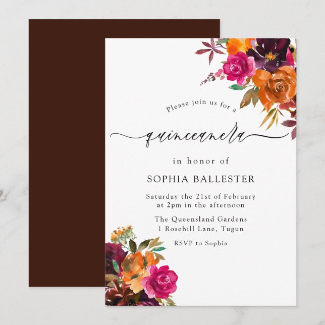 Rustic Autumn Fall Watercolor Flowers Quinceanera Invitation (Front/Back)