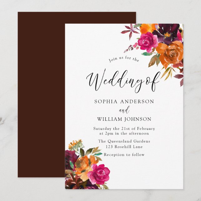 Rustic Autumn  Fall Watercolor Flowers Wedding Invitation (Front/Back)