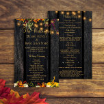 Rustic autumn fall wedding ceremony program<br><div class="desc">Beautiful rusty orange and dark burgundy autumn fall flowers and pumpkin borders with strings of golden twinkle lights over a dark brown barn wood background wedding ceremony program template.               Personalise it with your your details!             Suitable for rustic country vintage chic summer garden autumn fall outdoor backyard or farmhouse weddings.</div>