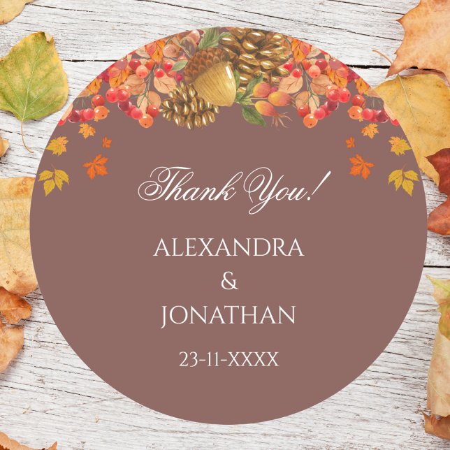 Rustic Autumn Fall Wedding Thank You Classic Round Sticker (Creator Uploaded)