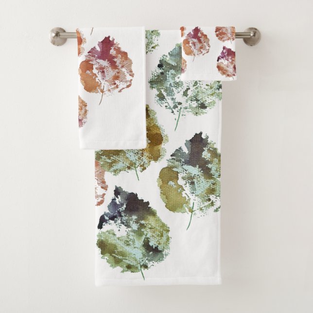 Rustic Autumn Falling Leaves Watercolor Art Bath Towel Set (Insitu)